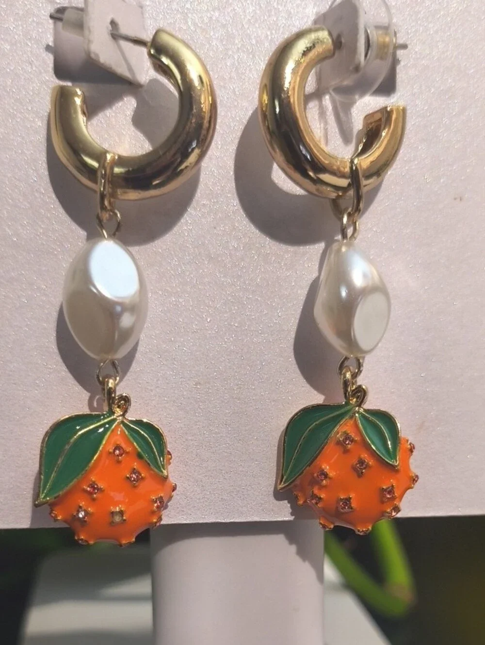 BaubleBar Gold Hoop Earrings White Pearls & Orange Enamel Fruit Charms NWT